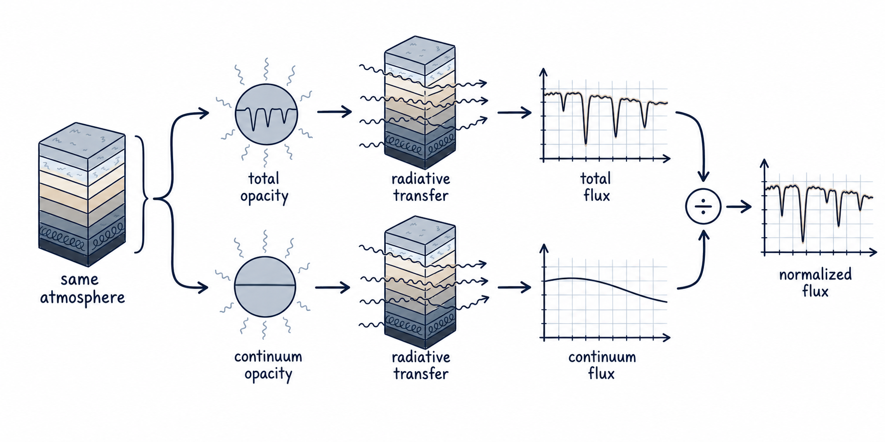 The same atmosphere passing through total-opacity and continuum-opacity transfer branches to produce total, continuum, and normalized flux